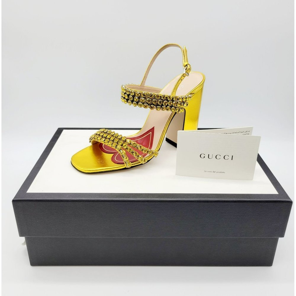 Gucci Metallic Gold Jeweled Block Heel Sandals